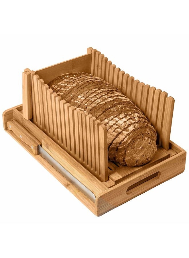 Kitchen Seven BambooSong Bamboo Bread Slicer with Crumb Tray Bamboo Bread Cutter for Homemade Bread, Loaf Cakes, Bagels Slicer, 3 Slice Sizes, Adjustable, Compact, Foldable - Image 1