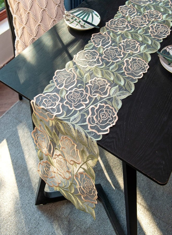 ARTABLE Lace Table Runner Macrame Vintage Flower Dresser Scarf with Exquisite Embroidery Table Runners for Kitchen Home Wedding Party Dining Decoration (Green, 12 x 48 Inch) - Image 1