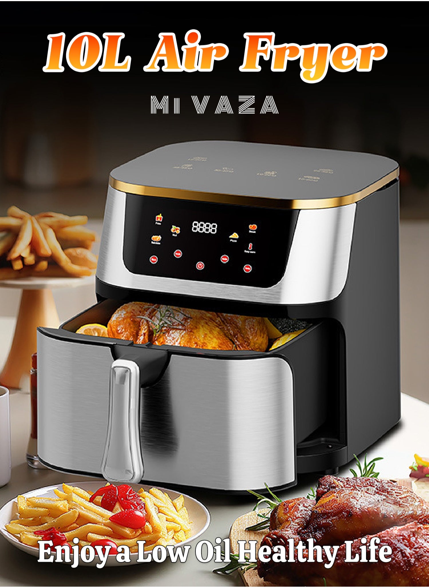 Smart Air Fryer - 10L Large Capacity - Automatic Electric Fryer - Screen Touch Control Panel - Intelligent Temperature Control - Oil-free Baking - Home Oven - 1400W 