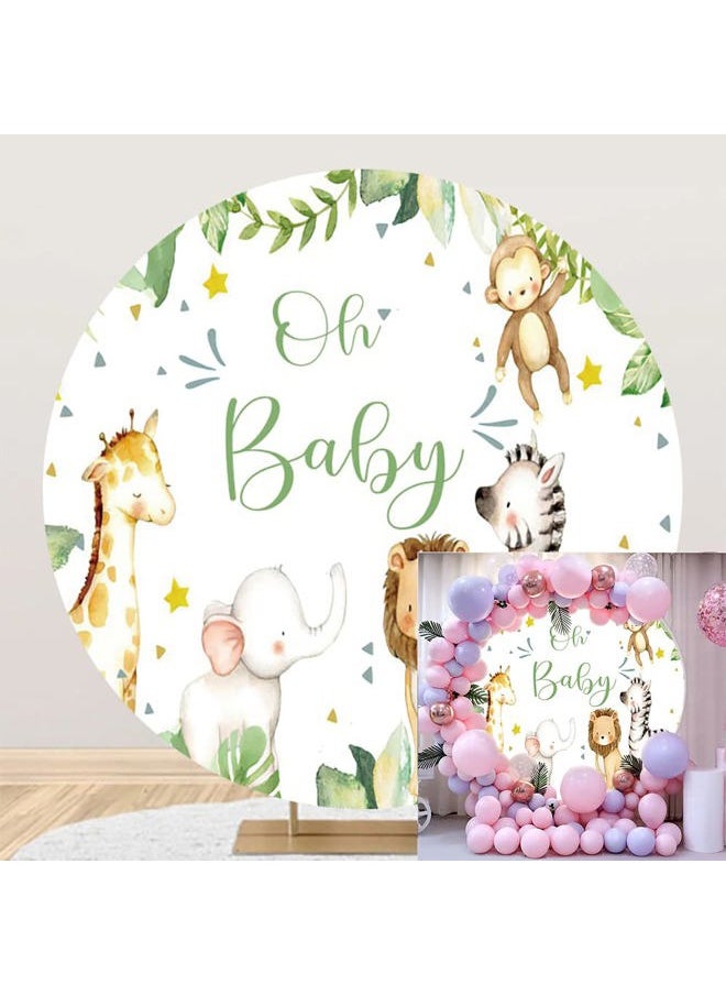 Gamegenic - Safari Baby Shower Round Backdrop Cover Jungle Animals Oh Baby Circle Backdrop Cover Tropical Leaves Zoo Animals Newborn Baby Shower Birthday Party Decoration Photo Studio Background 6.5x6.5ft - Image 1
