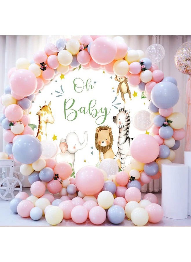 Gamegenic - Safari Baby Shower Round Backdrop Cover Jungle Animals Oh Baby Circle Backdrop Cover Tropical Leaves Zoo Animals Newborn Baby Shower Birthday Party Decoration Photo Studio Background 6.5x6.5ft - Image 1