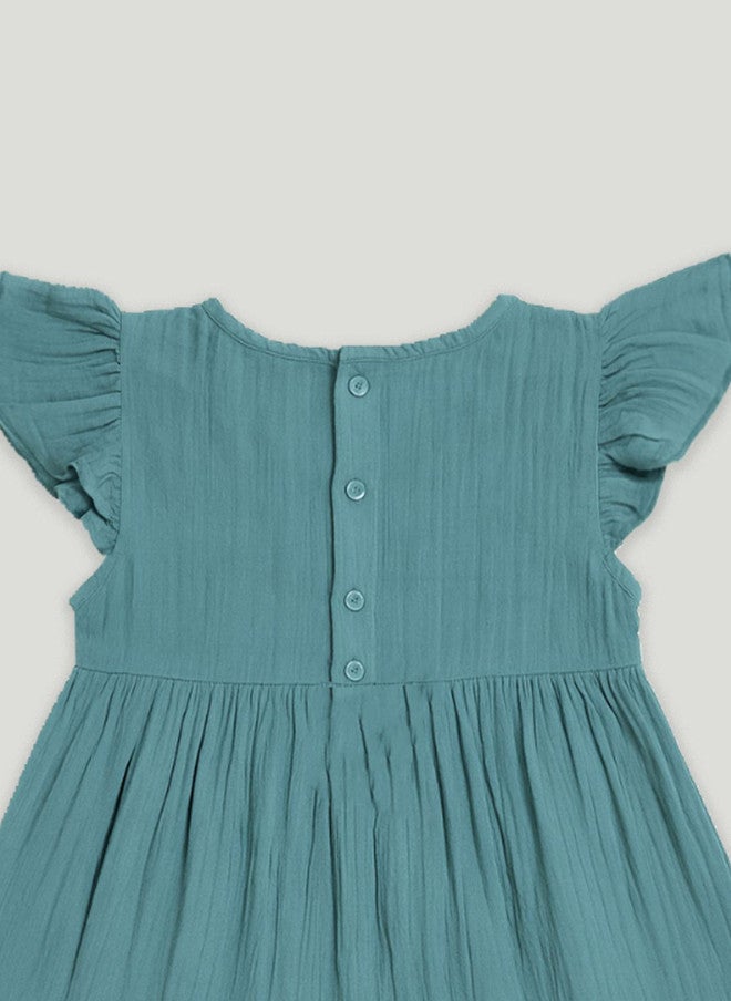 Kidbea فستان كيدبيا للبنات بلون تيل مع كشكشات بياقة دائرية فوق الركبة بتصميم A-Line - Image 4