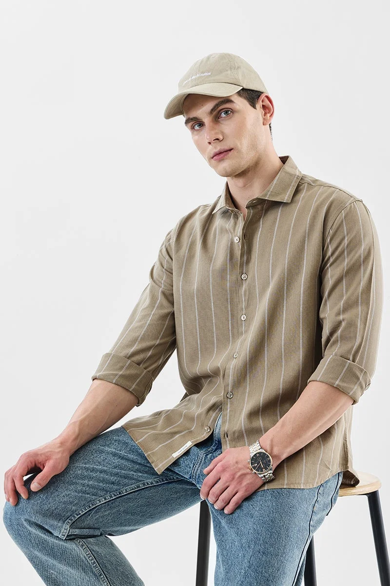 سنيتش Tan Striped Long Sleeve Regular Fit Shirt