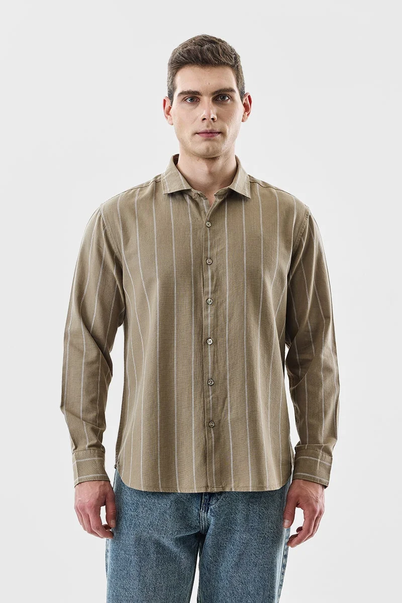 سنيتش Tan Striped Long Sleeve Regular Fit Shirt