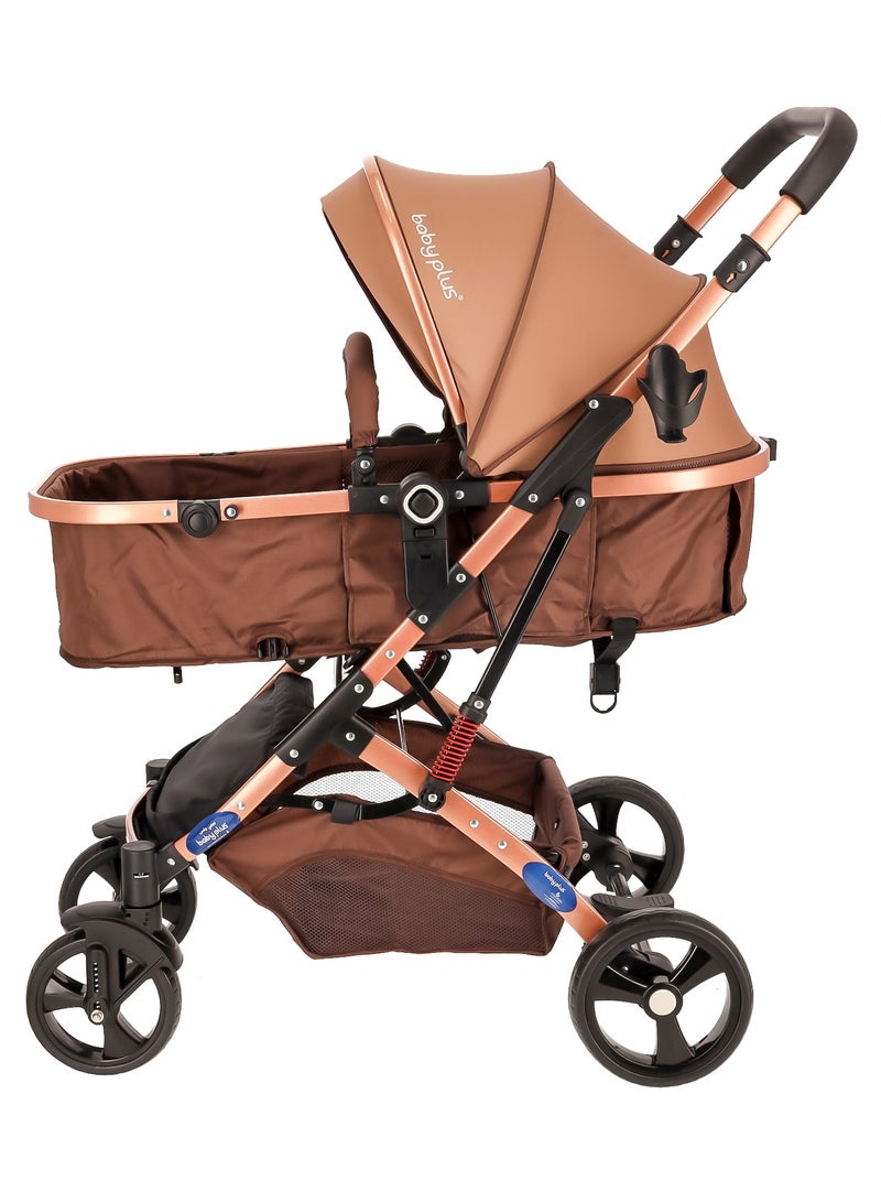 BABY PLUS Multifunctional Luxury Baby Stroller Pram | Lightweight, Foldable, Portable Travel Stroller with Safety Harness, UV Protection Canopy, 6 Adjustable Reclining Positions | Durable Design for Newborns & Toddlers (0-4 Years) BROWN - Image 1