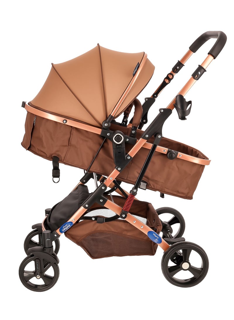 BABY PLUS Multifunctional Luxury Baby Stroller Pram | Lightweight, Foldable, Portable Travel Stroller with Safety Harness, UV Protection Canopy, 6 Adjustable Reclining Positions | Durable Design for Newborns & Toddlers (0-4 Years) BROWN - Image 2