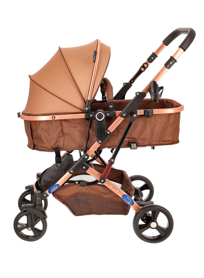BABY PLUS Multifunctional Luxury Baby Stroller Pram | Lightweight, Foldable, Portable Travel Stroller with Safety Harness, UV Protection Canopy, 6 Adjustable Reclining Positions | Durable Design for Newborns & Toddlers (0-4 Years) BROWN - Image 3