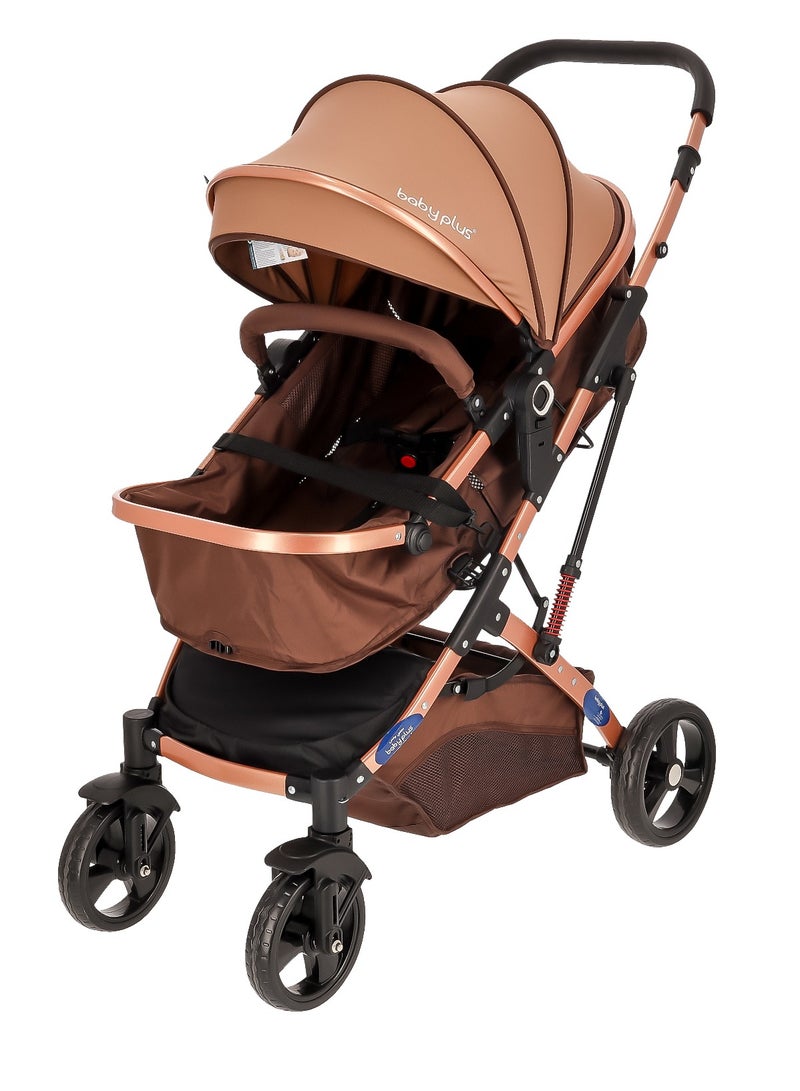 BABY PLUS Multifunctional Luxury Baby Stroller Pram | Lightweight, Foldable, Portable Travel Stroller with Safety Harness, UV Protection Canopy, 6 Adjustable Reclining Positions | Durable Design for Newborns & Toddlers (0-4 Years) BROWN - Image 4