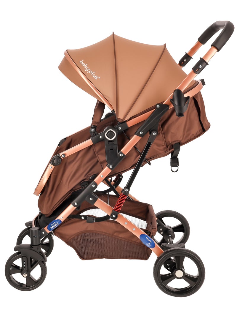 BABY PLUS Multifunctional Luxury Baby Stroller Pram | Lightweight, Foldable, Portable Travel Stroller with Safety Harness, UV Protection Canopy, 6 Adjustable Reclining Positions | Durable Design for Newborns & Toddlers (0-4 Years) BROWN - Image 5