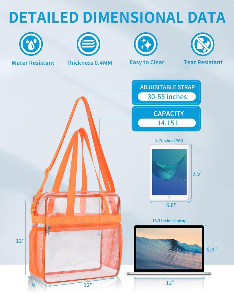Paxiland Clear Bag for Stadium Events 12x6x12, Clear Tote Bag with Reinforced Strap, Transparent Bag for Sports Concert - Orange - Image 3
