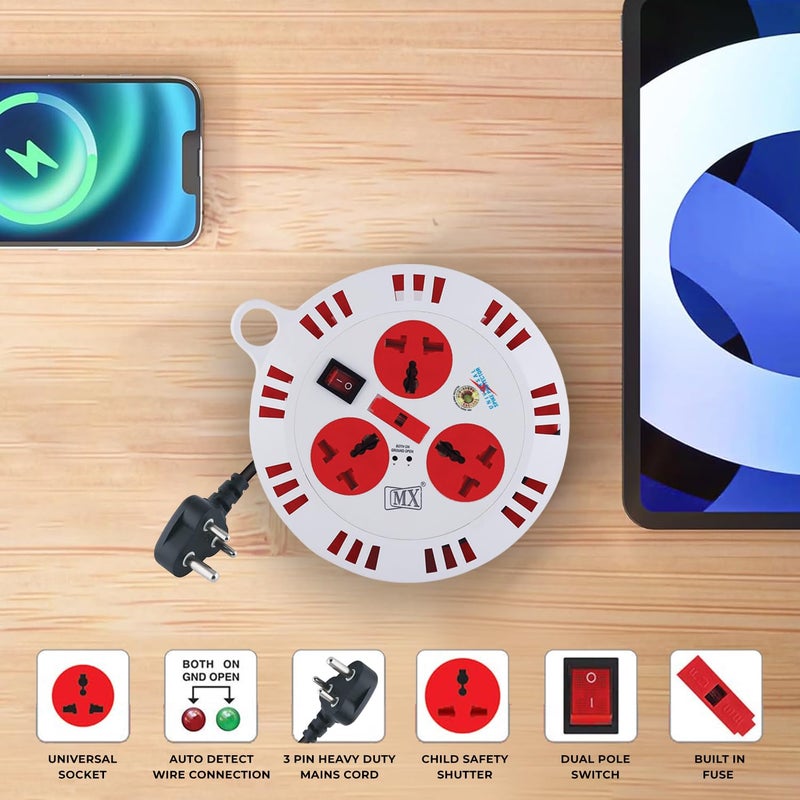 MX Round Extension 10 Ft Extension Cord 3 OutletFuse Protector Universal Socket Master Switch Board for Charging 3 Socket Switches Spike Protector Auto Detect Safety Sutter 16 Ft - Image 4