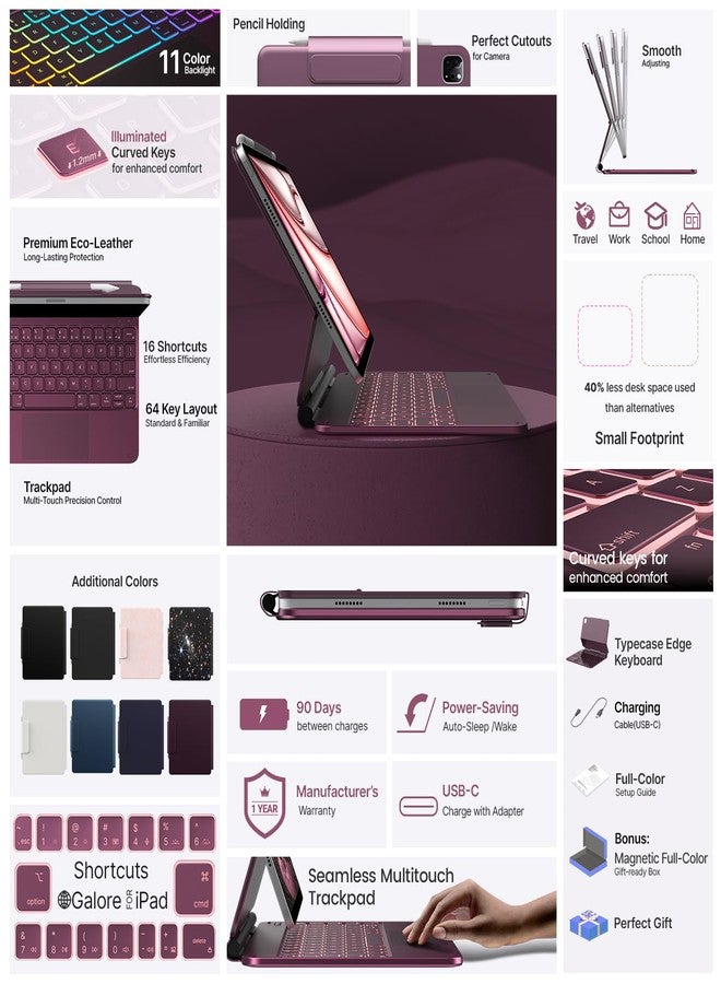 typecase غطاء لوحة مفاتيح Typecase لجهاز iPad Air مقاس 11 بوصة (2024 M2) وiPad Pro مقاس 11 بوصة (الجيل الرابع/الثالث/الثاني/الأول)، ولوحة مفاتيح Magic Keyboard لجهاز Air من الجيل الخامس/الرابع، ولوحة لمس مدمجة، وإضاءة خلفية بـ 11 لونًا، وحامل مغناطيسي سهل التركيب، لون توت العليق - Image 4