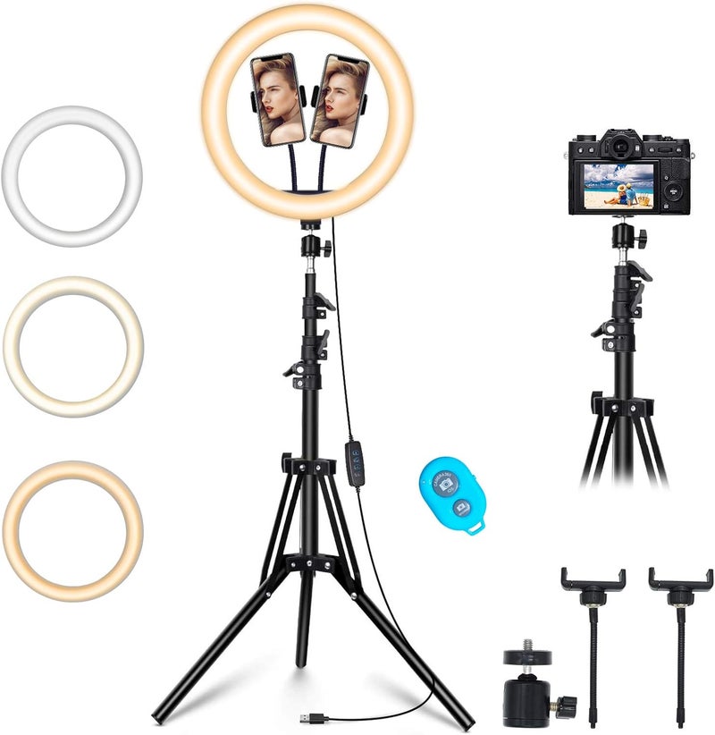 MINIBIRD 12" Ring Light with Tripod Stand & 2 Phone Holder, Dimmable USB Beauty Ring Lights with Bluetooth Remote, LED Selfie Ring Light for Photography/Makeup/Live Stream,Compatible with iPhone and Android - Image 1