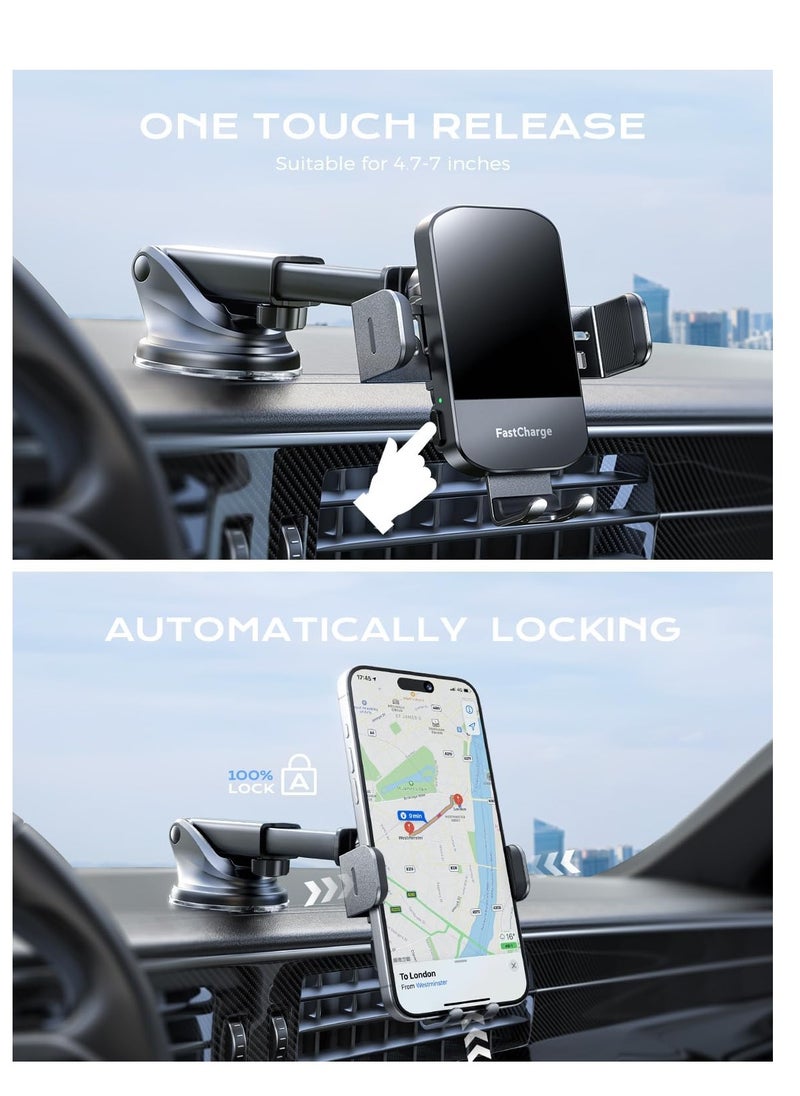 CHGeek CHGeek Wireless Car Charger, 15W Fast Charging Auto Clamping Car Charger Phone Mount Phone Holder fit for iPhone 15 14 13 12 11 Pro Max Xs, Samsung Galaxy S24 Ultra S23 S22 S21, S20, S10+, Black  - Image 4