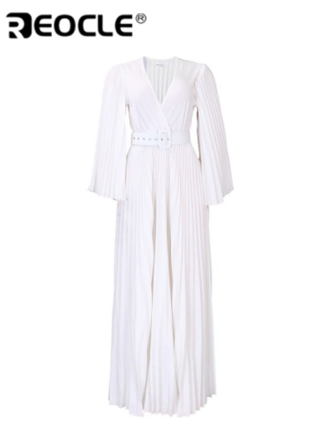 REOCLE Women's Maxi Elegant V Neck Cocktail Dress Wedding Evening Pleated A Line Rocker Swing Dress with Belt - Image 2