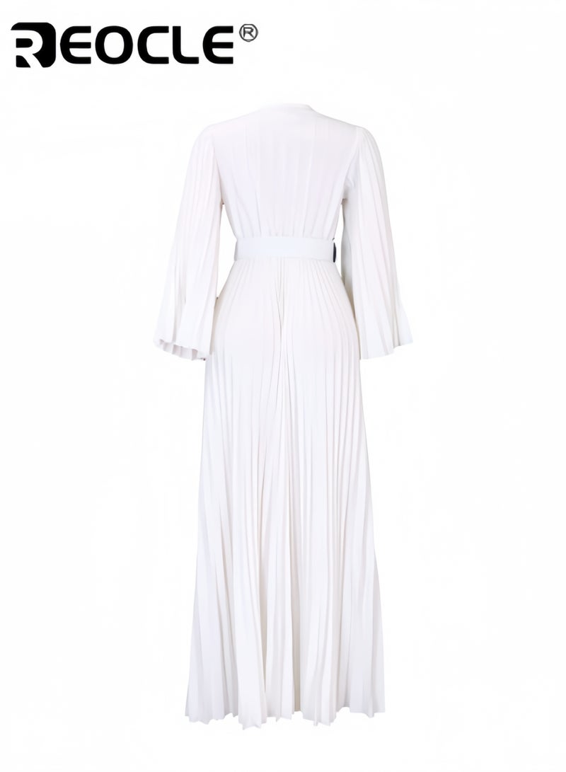 REOCLE Women's Maxi Elegant V Neck Cocktail Dress Wedding Evening Pleated A Line Rocker Swing Dress with Belt - Image 3