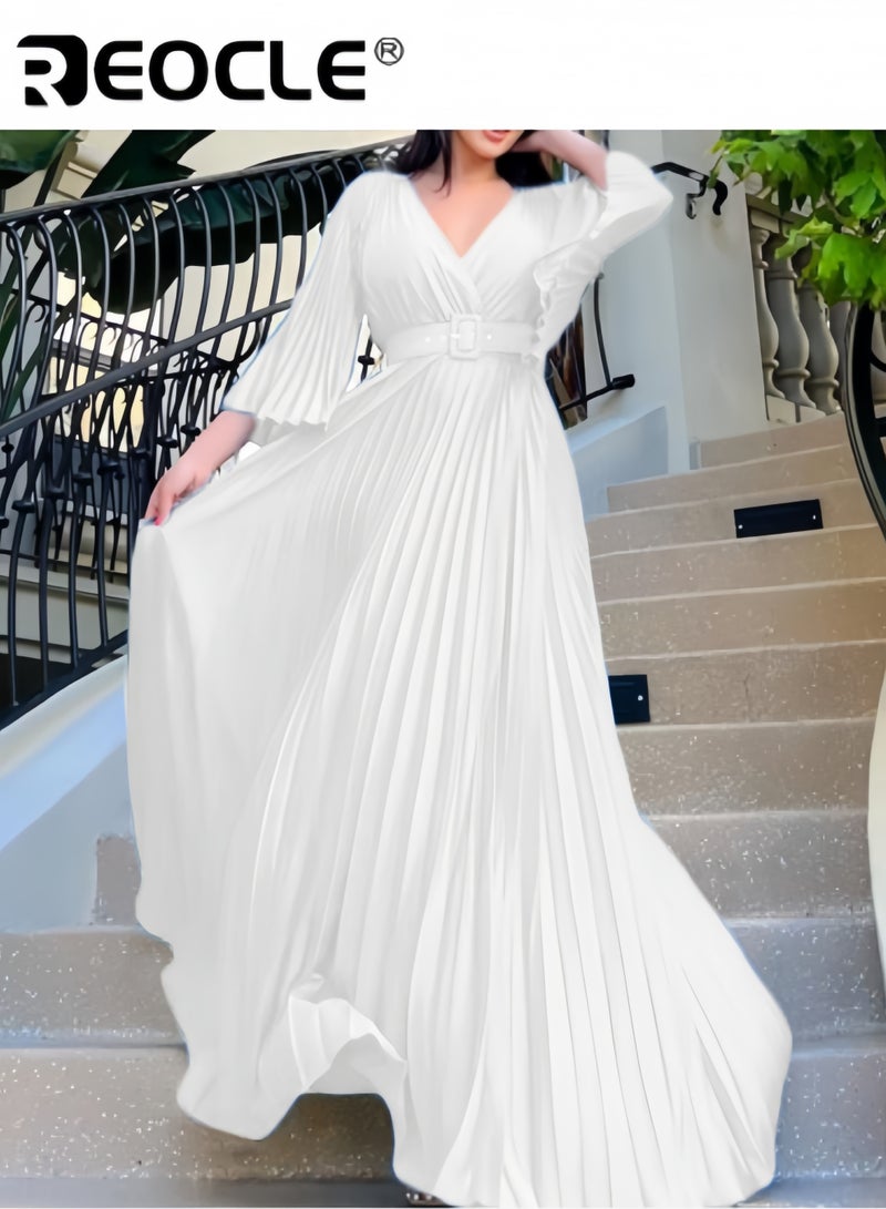REOCLE Women's Maxi Elegant V Neck Cocktail Dress Wedding Evening Pleated A Line Rocker Swing Dress with Belt - Image 1