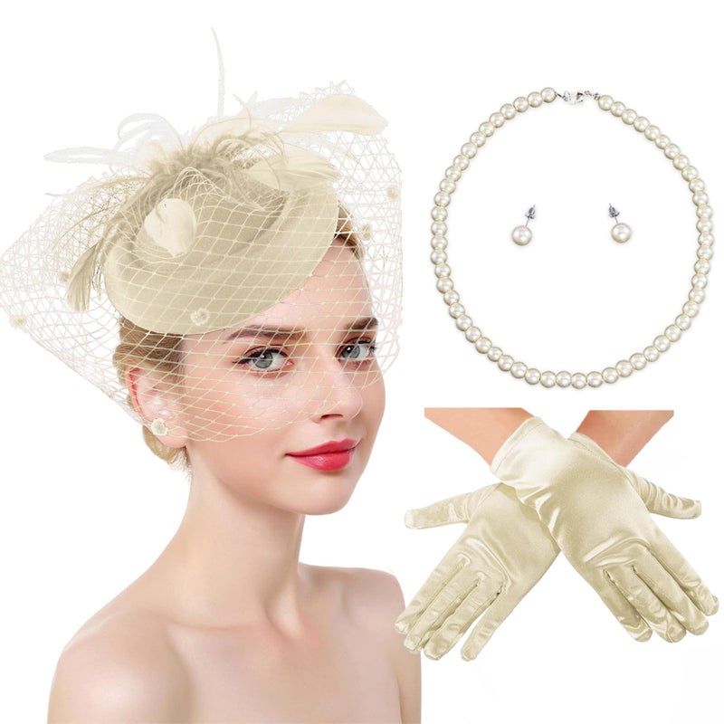 Ibeauti Women's Fascinator Hat & Gloves Set - Beige (01 Beige-Gloves) - Image 1