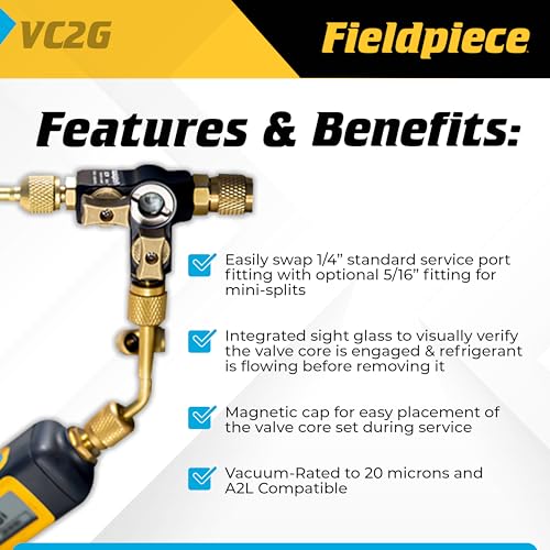 Fieldpiece - VC2G 1/4″ Valve Core Removal Tool Dual Valve with Sight Glass - Vacuum-Rated 20 microns & A2L Compatible - HVAC Tools - Image 2