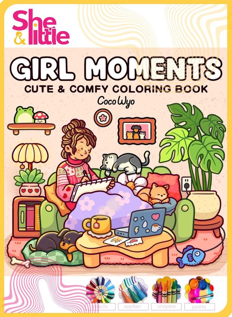 She&Little Girl Moments Coloring Book, 40 Pages, Cozy Spaces Series, Hand Drawn Daily Life Scenes, Single Sided, Travel Friendly - Image 1