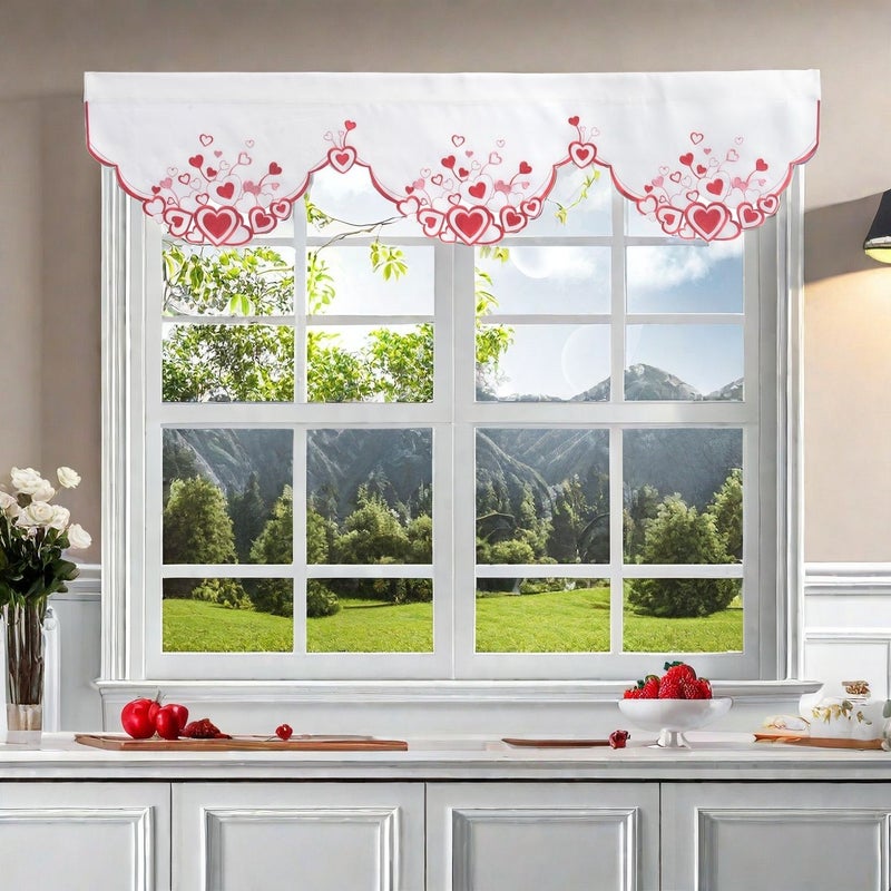 Romantic Love Heart Embroidered Kitchen Curtain Valance Handmade Hollow Rod Pocket Window Decor 59x17 Inch - Image 5