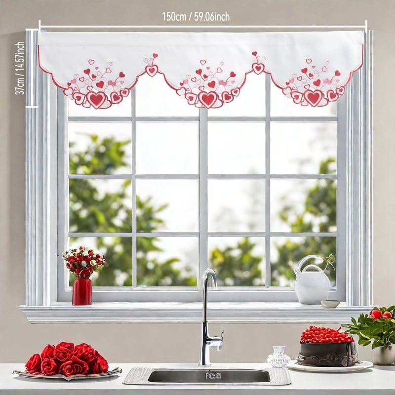 Romantic Love Heart Embroidered Kitchen Curtain Valance Handmade Hollow Rod Pocket Window Decor 59x17 Inch - Image 1