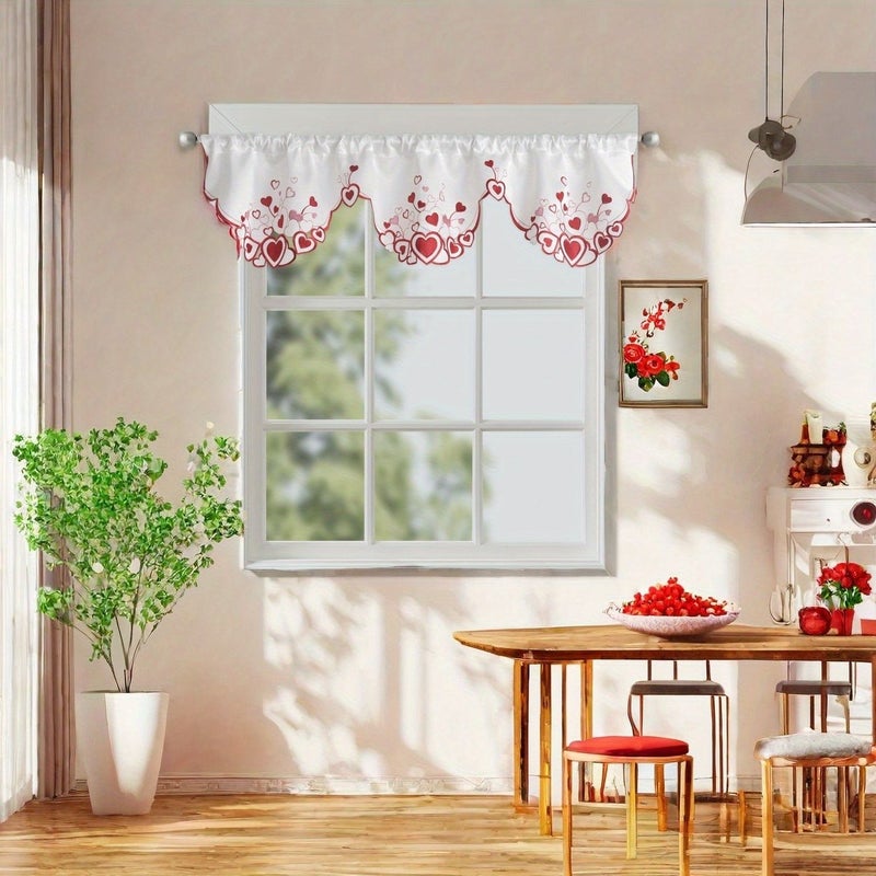 Romantic Love Heart Embroidered Kitchen Curtain Valance Handmade Hollow Rod Pocket Window Decor 59x17 Inch - Image 4