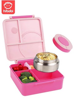 hibobi Portable Kids Lunch Box with Food Grade Stainless Steel, 3-Compartment Large Storage Space and 1 Extra Rice Bowl, Leak proof, Microwave, Dishwasher, Freezer Safe, Bpa-Free, Pink  - Image 1