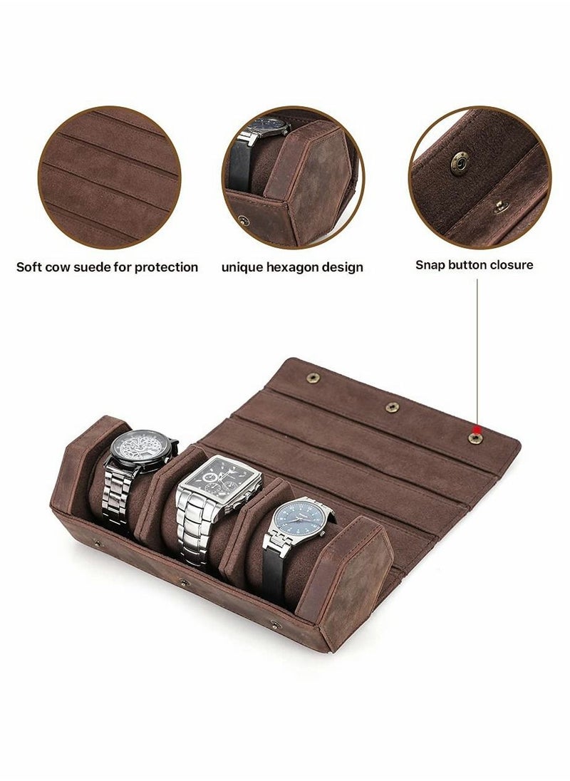 Y&D - SYOSI Watch Roll Case for 3 Watches, Handmade Genuine Leather Hexagon Travel Organizer, Watches Protective Storage Box - Image 1