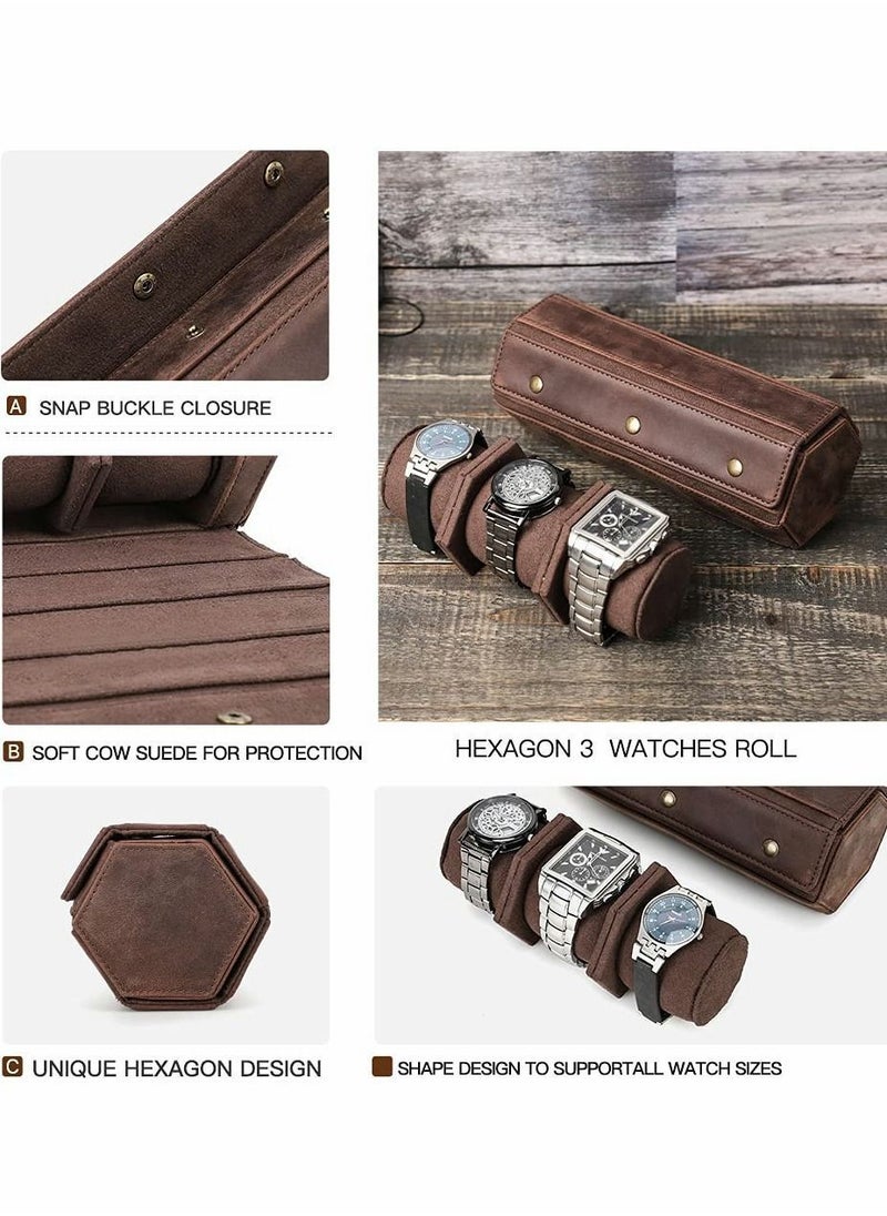 Y&D - SYOSI Watch Roll Case for 3 Watches, Handmade Genuine Leather Hexagon Travel Organizer, Watches Protective Storage Box - Image 1