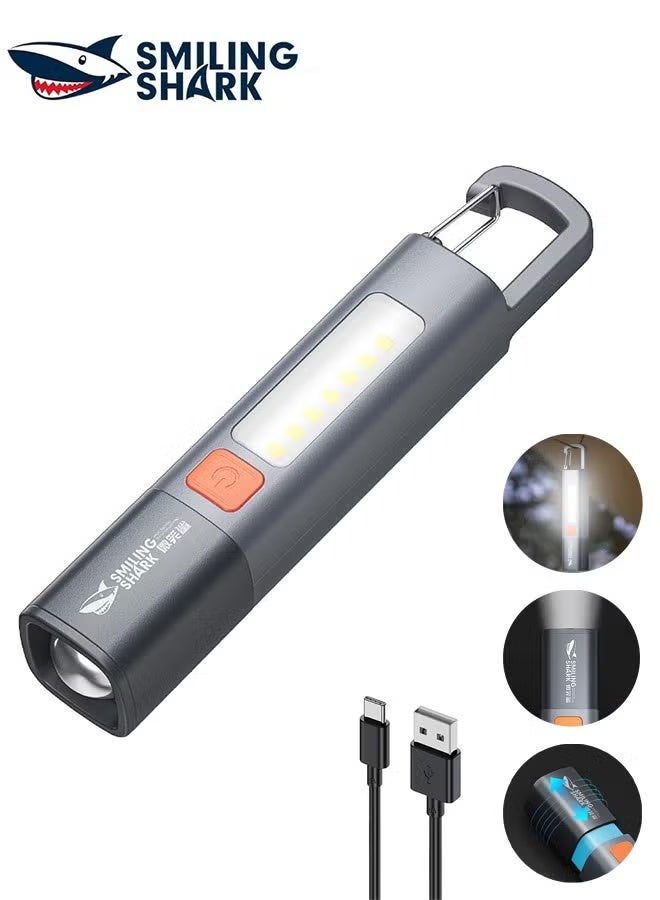 القرش المبتسم مصباح عمل LED محمول باليد، 1200mAh ضوء جانبي COB G1 – 3 أوضاع، تركيز قابل للتكبير، أبيض، مقاوم للماء، قوي فائق السطوع EDC، للطوارئ الخارجية، مصغر وقابل للشحن، كشاف تخييم (رمادي) - Image 1
