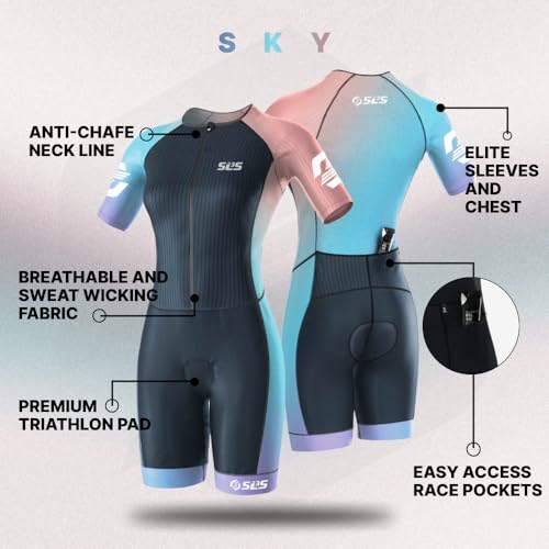 SLS3 Triathlon Suits Women Elite Aero Sleeved Tri Suit Women, Trisuit, Quick-Dry, Italian Chamois, Ready for Any Distance (Sky, X-Small) - Image 3