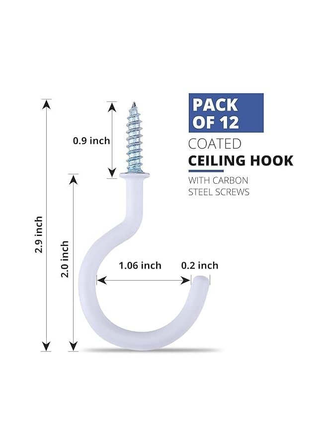 PROMASS promass 12 Pack|2.9 Inches Ceiling Hooks for Hanging Plants, Kitchen Utensils – Heavy Duty Screw-in Hooks for Hanging String Lights, Black & White Vinyl Coated Cup Hooks for Festive Decoration  - Image 4
