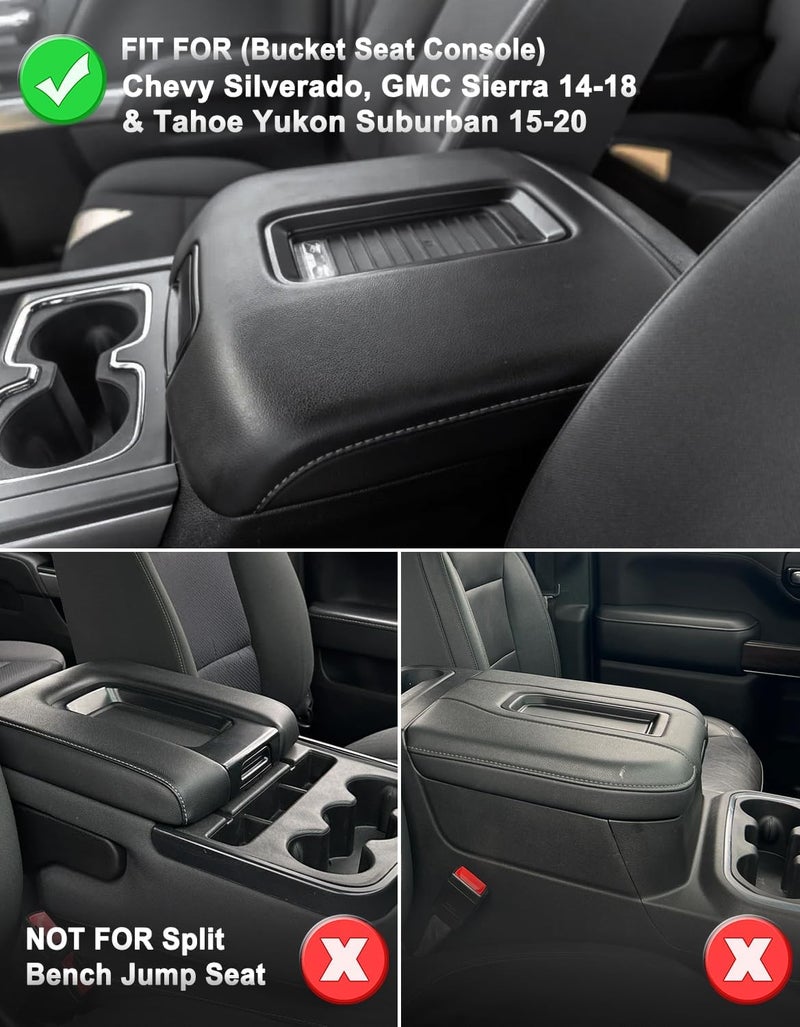 KBH Auto Center Console Cover Armrest Cushion Pads for Chevy Silverado, GMC Sierra 1500 2500 3500 2014-2018 & Tahoe Yukon Suburban 2015-2019, Bucket seat, PU Leather, Black-Red Double Stitch - Image 2