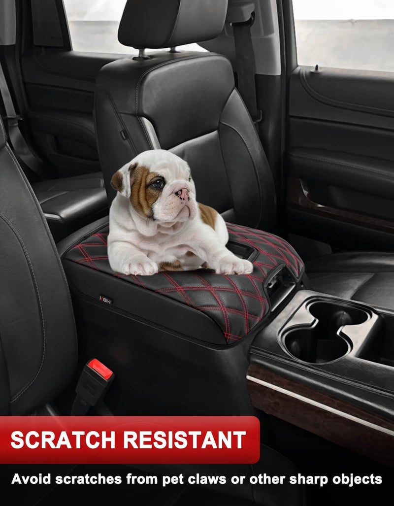 KBH Auto Center Console Cover Armrest Cushion Pads for Chevy Silverado, GMC Sierra 1500 2500 3500 2014-2018 & Tahoe Yukon Suburban 2015-2019, Bucket seat, PU Leather, Black-Red Double Stitch - Image 3