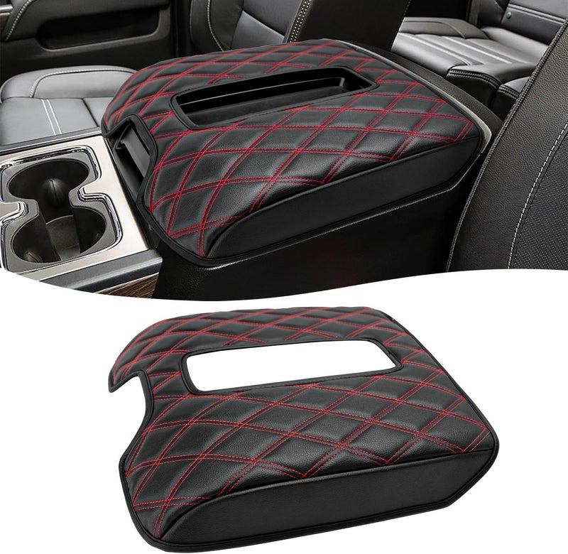 KBH Auto Center Console Cover Armrest Cushion Pads for Chevy Silverado, GMC Sierra 1500 2500 3500 2014-2018 & Tahoe Yukon Suburban 2015-2019, Bucket seat, PU Leather, Black-Red Double Stitch - Image 1