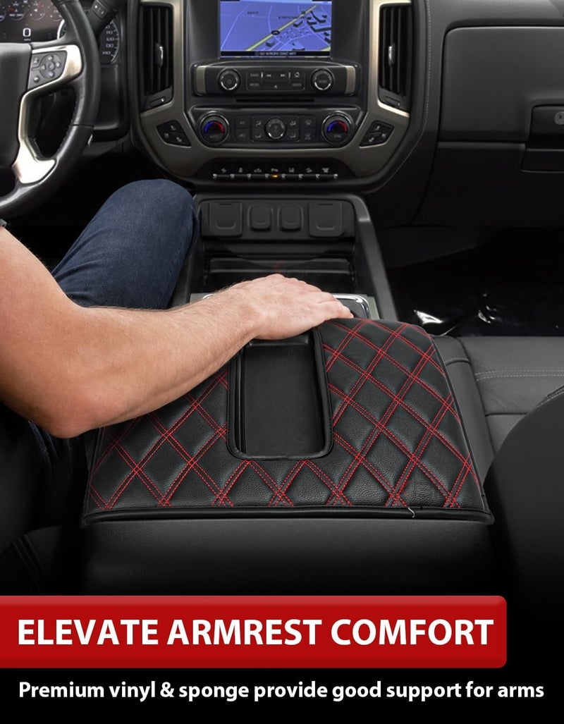 KBH Auto Center Console Cover Armrest Cushion Pads for Chevy Silverado, GMC Sierra 1500 2500 3500 2014-2018 & Tahoe Yukon Suburban 2015-2019, Bucket seat, PU Leather, Black-Red Double Stitch - Image 4