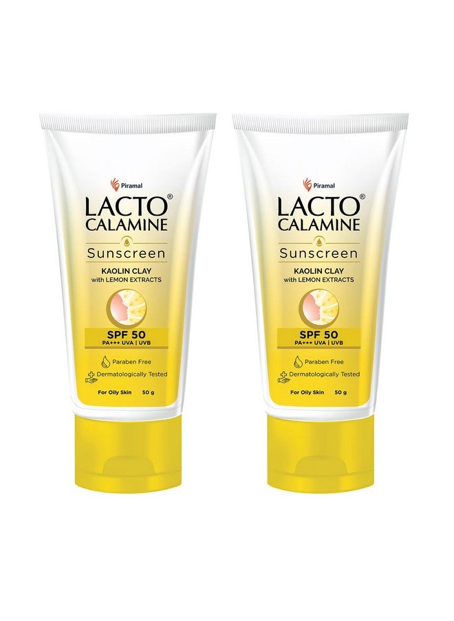 Lacto Calamine - Sunscreen Spf 50 | Pa +++ Sunscreen For Oily Skin | Uva - Uvb Sunscreen For Women And Men | With Kaolin Clay And Lemon Extracts | 50 G X 2 - Image 1