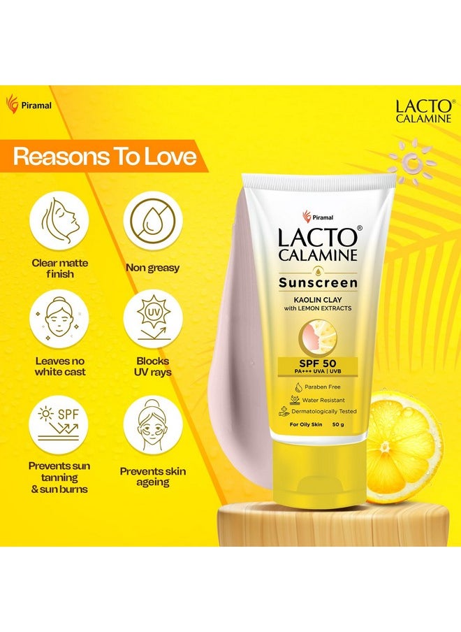 Lacto Calamine - Sunscreen Spf 50 | Pa +++ Sunscreen For Oily Skin | Uva - Uvb Sunscreen For Women And Men | With Kaolin Clay And Lemon Extracts | 50 G X 2 - Image 1