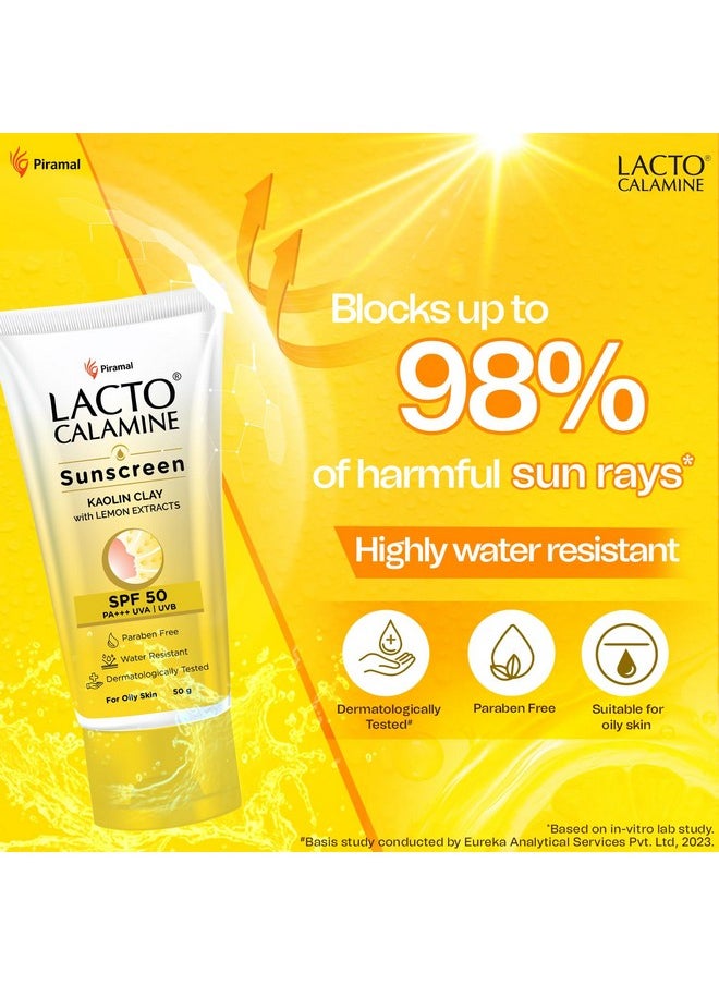 Lacto Calamine - Sunscreen Spf 50 | Pa +++ Sunscreen For Oily Skin | Uva - Uvb Sunscreen For Women And Men | With Kaolin Clay And Lemon Extracts | 50 G X 2 - Image 1