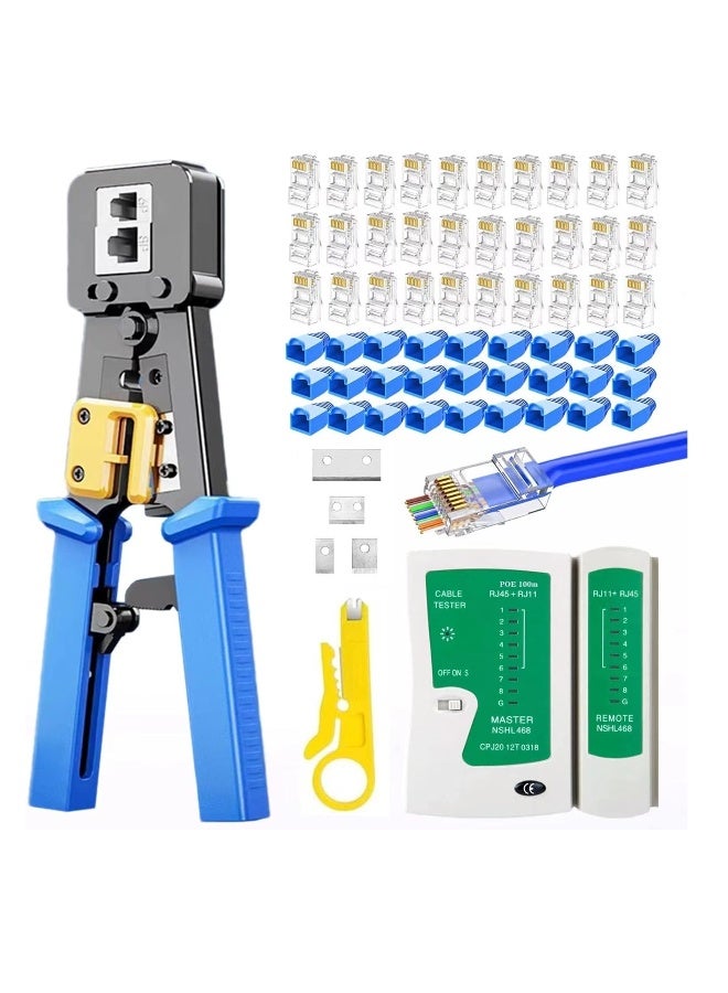 RJ45 Crimp Tool Kit with Pass Through Connectors - Cat5/5e/Cat6 Ethernet Cable Crimper, Network Tester, and Wire Stripper Set, 30PCS 1.1mm CAT6 Connectors  Covers Included - Image 1