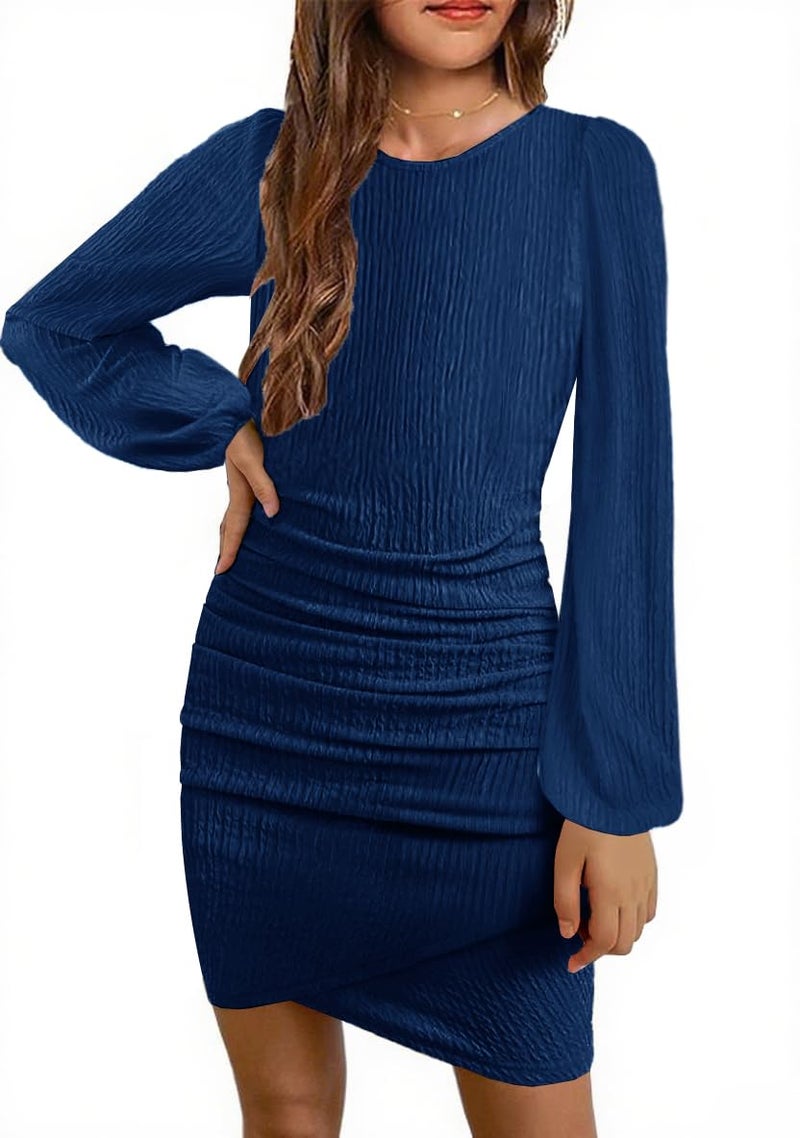 MITILLY Girls Fall Dress Formal Long Lantern Sleeve Party Dance Homecoming Tight Short Pencil Dresses with Slit 12 Years Dark Blue - Image 1