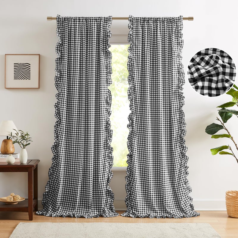 ZJDECOR Black White Buffalo Plaid Ruffle Curtains 84 Inches Long,Woven Crinkled Not-See-Through Sheer Drapes,Rustic Shabby Chic Window Treatment for Bedroom Living Room,Rod Pocket,40"Wx84"L,Pack of 2 - Image 3
