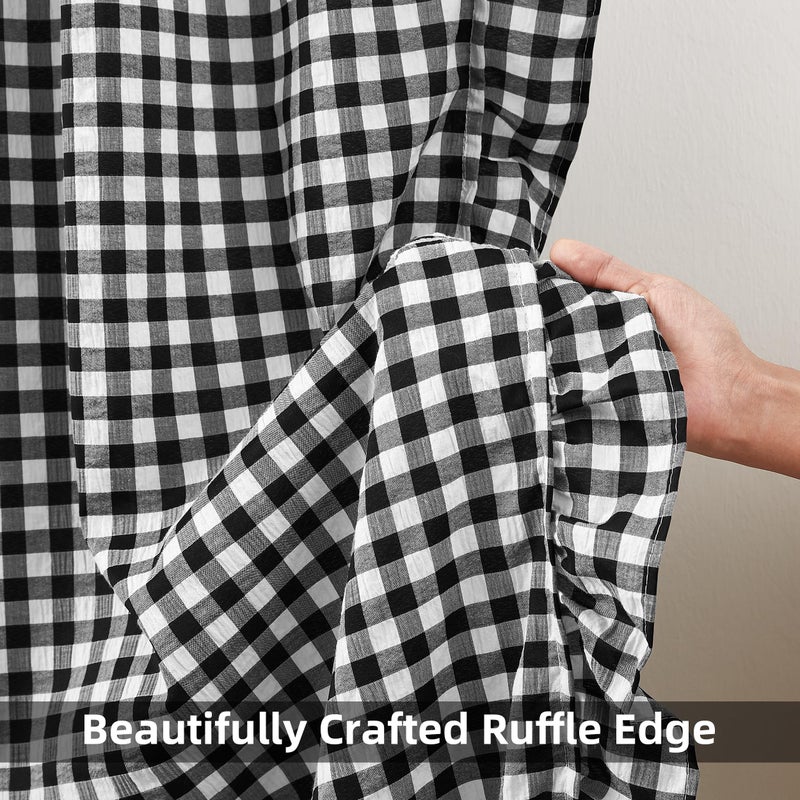 ZJDECOR Black White Buffalo Plaid Ruffle Curtains 84 Inches Long,Woven Crinkled Not-See-Through Sheer Drapes,Rustic Shabby Chic Window Treatment for Bedroom Living Room,Rod Pocket,40"Wx84"L,Pack of 2 - Image 4