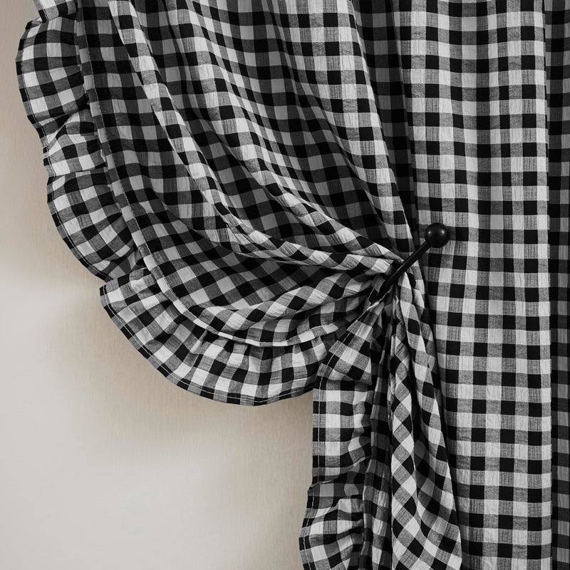 ZJDECOR Black White Buffalo Plaid Ruffle Curtains 84 Inches Long,Woven Crinkled Not-See-Through Sheer Drapes,Rustic Shabby Chic Window Treatment for Bedroom Living Room,Rod Pocket,40"Wx84"L,Pack of 2 - Image 2