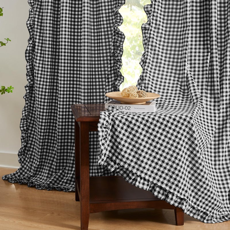 ZJDECOR Black White Buffalo Plaid Ruffle Curtains 84 Inches Long,Woven Crinkled Not-See-Through Sheer Drapes,Rustic Shabby Chic Window Treatment for Bedroom Living Room,Rod Pocket,40"Wx84"L,Pack of 2 - Image 1