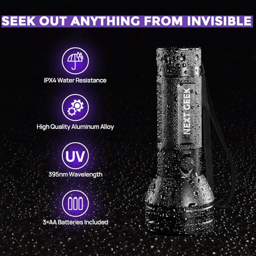 NEXT GEEK 51 LED UV Flashlight Ultraviolet Torch 395-400nm ip55 Water Resistant with 3xAA Battery Used for Pet Urine Detection, Dry Stains, Bed Bugs, Scorpions, Document Verification and Much More - Image 2