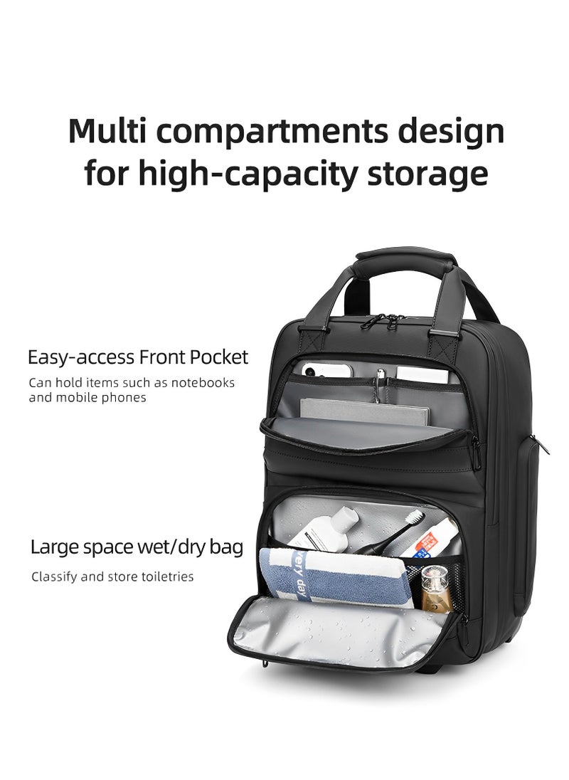 Skycare Carry-On Backpack Underseat Multi-functional, 18-inch Lightweight Overnight Suitcase with Smooth Wheels for Travel Business (Black, Carry-On 18-Inch)