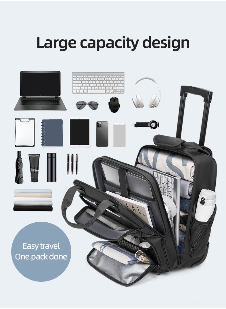 Skycare Carry-On Backpack Underseat Multi-functional, 18-inch Lightweight Overnight Suitcase with Smooth Wheels for Travel Business (Black, Carry-On 18-Inch)