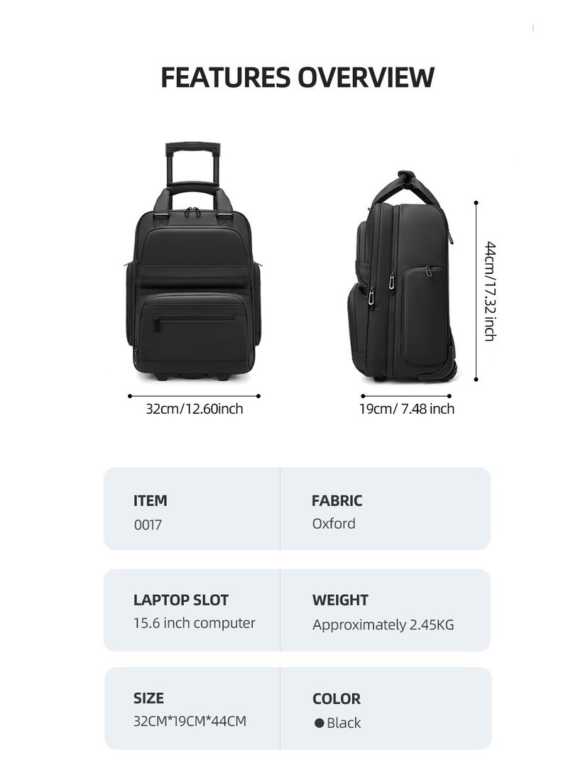 Skycare Carry-On Backpack Underseat Multi-functional, 18-inch Lightweight Overnight Suitcase with Smooth Wheels for Travel Business (Black, Carry-On 18-Inch)